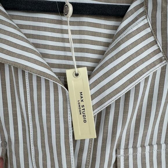 Max Studio London Striped Open Neck Blouse Womens XL Brown White NEW - Picture 8 of 12